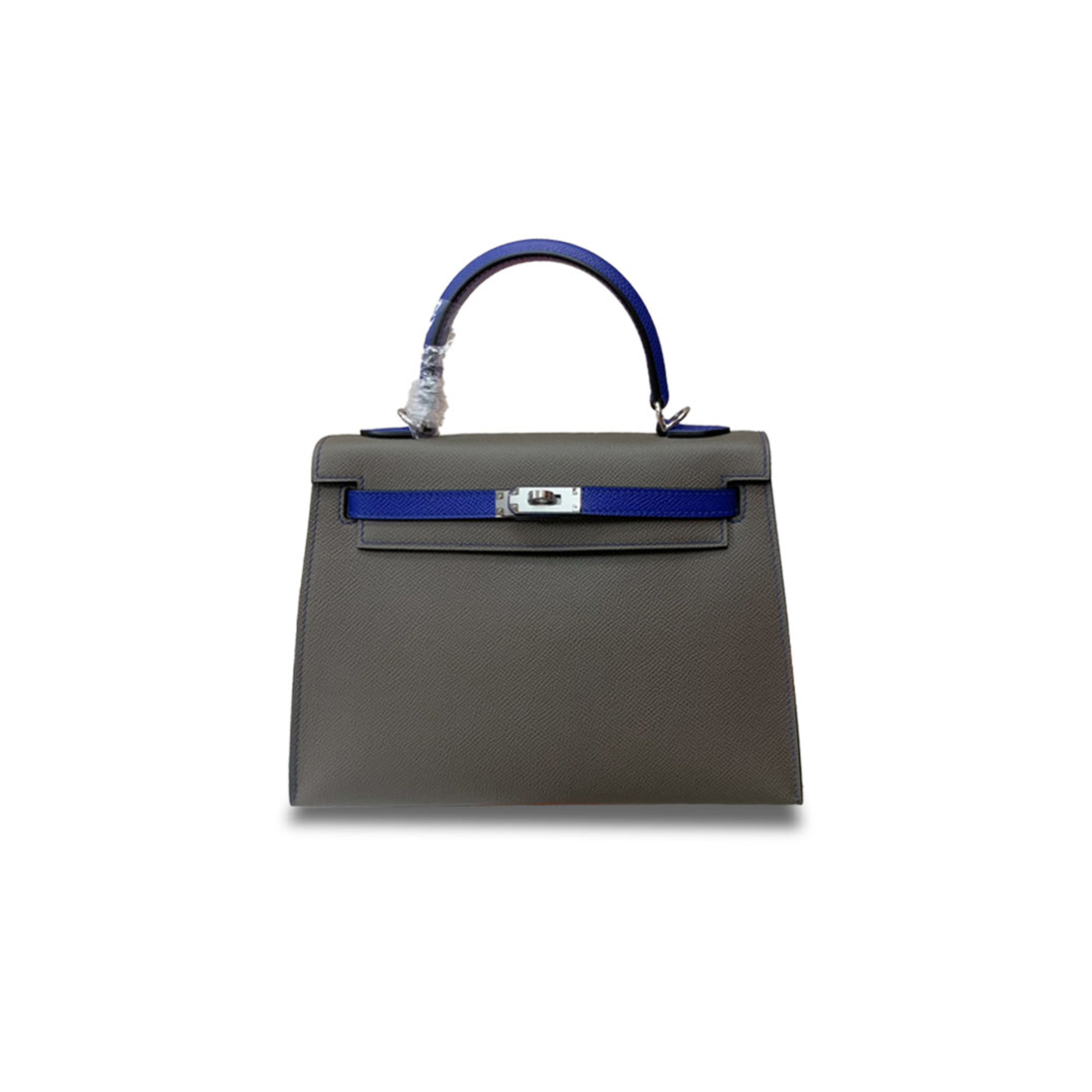 HERMÈS KELLY 25CM EPSOM PEWTER GRAY ELECTRIC BLUE SILVER BUCKLE (25*17*7cm) 